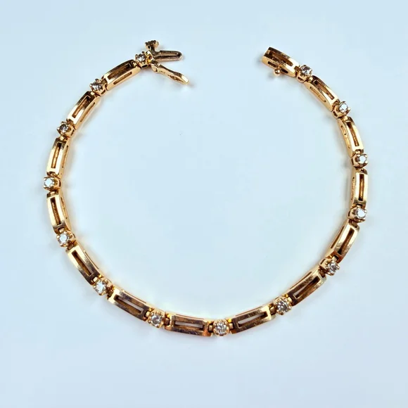 14K Solid Yellow Gold .70 CT Genuine Diamond Square Link VTG Tennis Bracelet - Picture 8 of 11